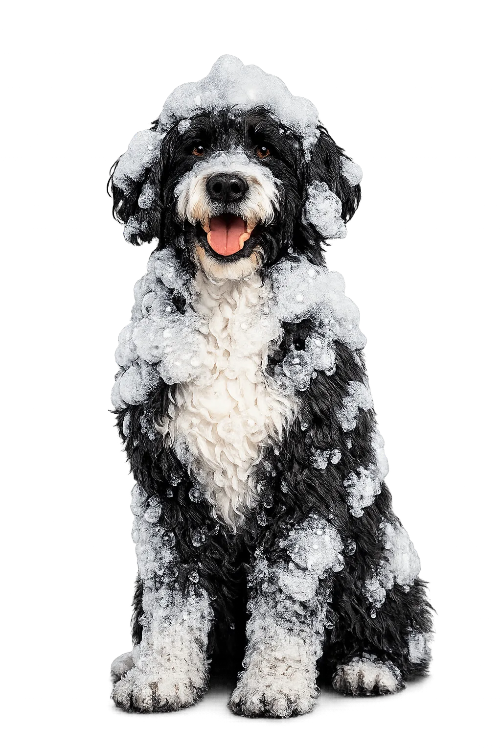 Happy dog covered in soft micro-bubbles